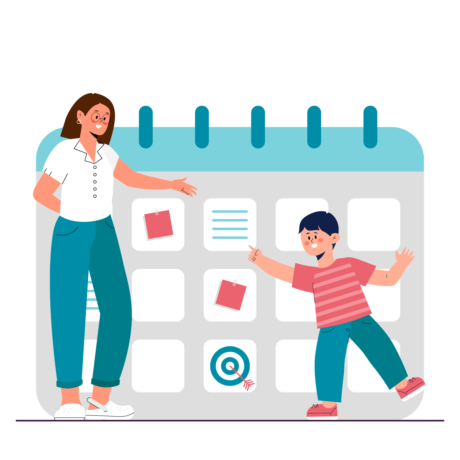 Médico logopeda con un niño organizando un calendario